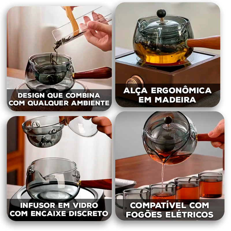 Bule CristalTea Modern Lar™ em Vidro Termorresistente com Alça de Madeira / Um Convite ao Conforto e Estilo no Seu Chá